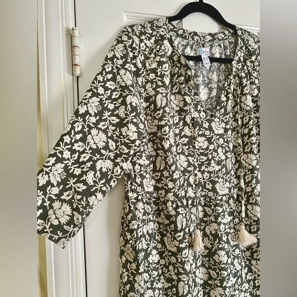NWOT Denim & Co Naturals Floral Midi Dress, Women’s Size Small, QVC Olive Linen - Picture 4 of 7